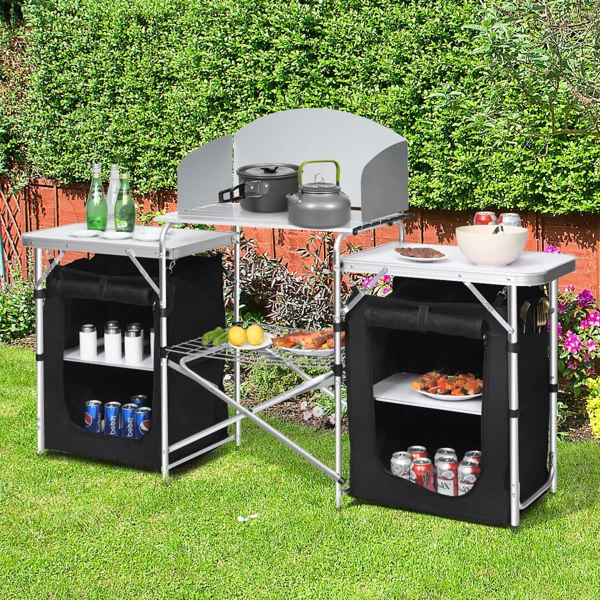 Nouveauté 2026 – Table de barbecue pliante et portable en aluminium Goplus avec rangement et pare-vent, noire