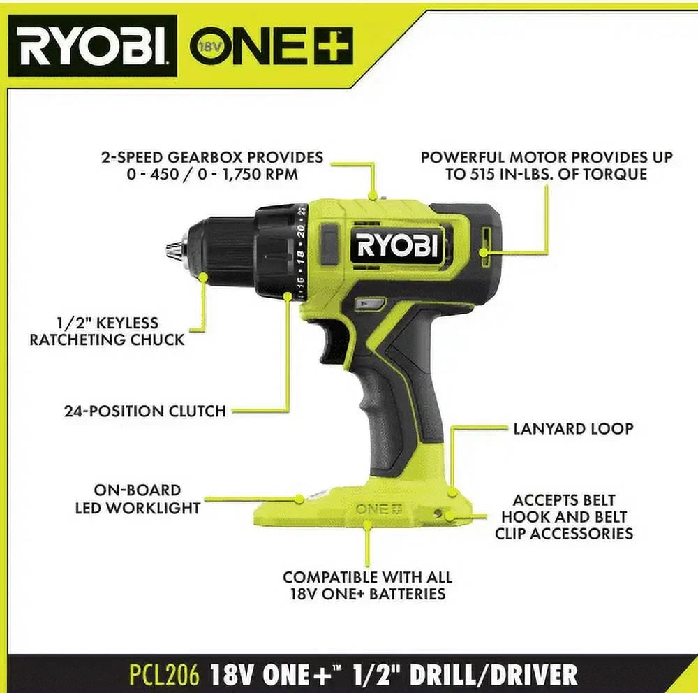 Nouveauté 2026 – Kit combiné sans fil RYOBI ONE+ 18 V comprenant une perceuse-visseuse, une visseuse à percussion, deux batteries de 1,5 Ah et un chargeur