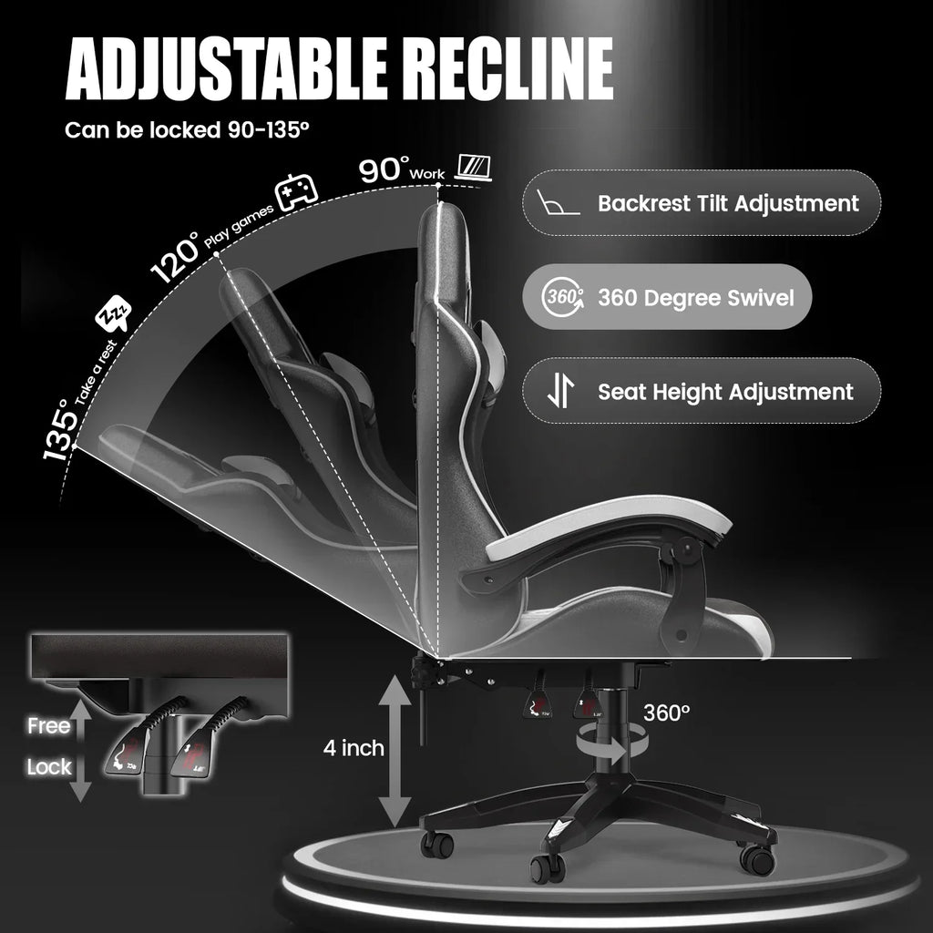 Nouveauté 2026 – Chaise de jeu Bigzzia , chaise de bureau ergonomique avec appui-tête et soutien lombaire réglables en hauteur, pour adultes et adolescents, noir et blanc