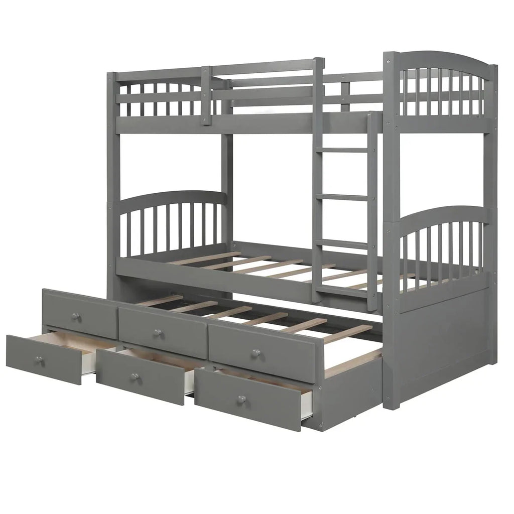 Nouveauté 2026 – Lit superposé Twin-Over-Twin avec 3 tiroirs de rangement, cadre de lit superposé simple avec échelle et barrière de sécurité, lit superposé gigogne en pin pour chambre d'adolescent ou chambre d'amis, convertible en 2 lits, gris