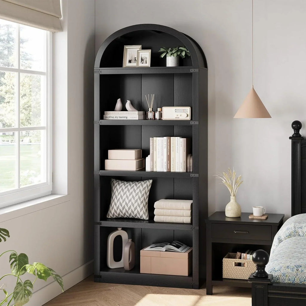 Nouveauté 2026 – Bibliothèque arquée à 5 étagères, 182 cm de haut, style ferme, étagère de rangement en bois pour la maison, le bureau ou le salon (blanche