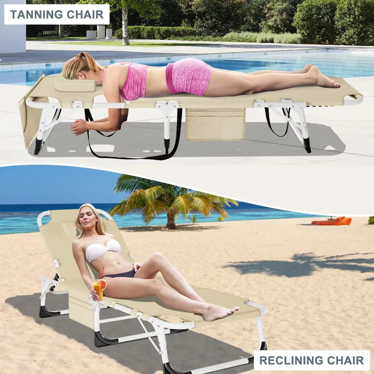 Nouveauté 2026 – Chaise longue MOPHOTO avec matelas, supportant jusqu'à 200 kg, lit de camp portable et robuste, réglable, idéal pour le camping, la piscine, la plage et la terrasse