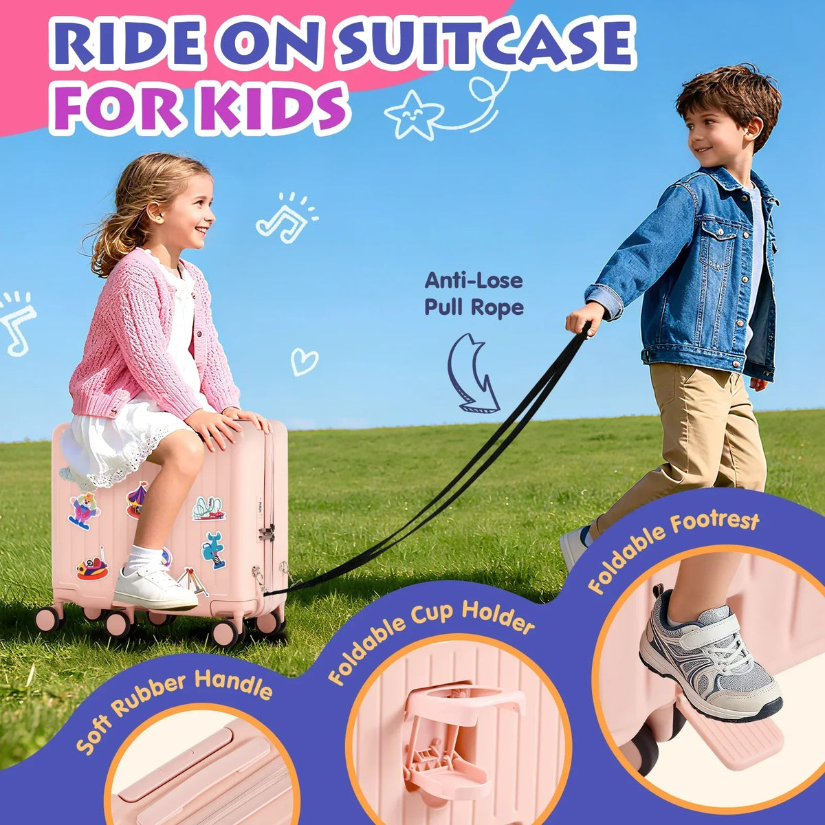 Nouveauté 2026 – Valise à roulettes Advwin pour enfants, avec sangle de traction, repose-pieds, porte-gobelet, 6 roues et poignée réglable, valise pivotante de 45,7 cm (18 pouces) avec autocollants et carte d'embarquement, rose