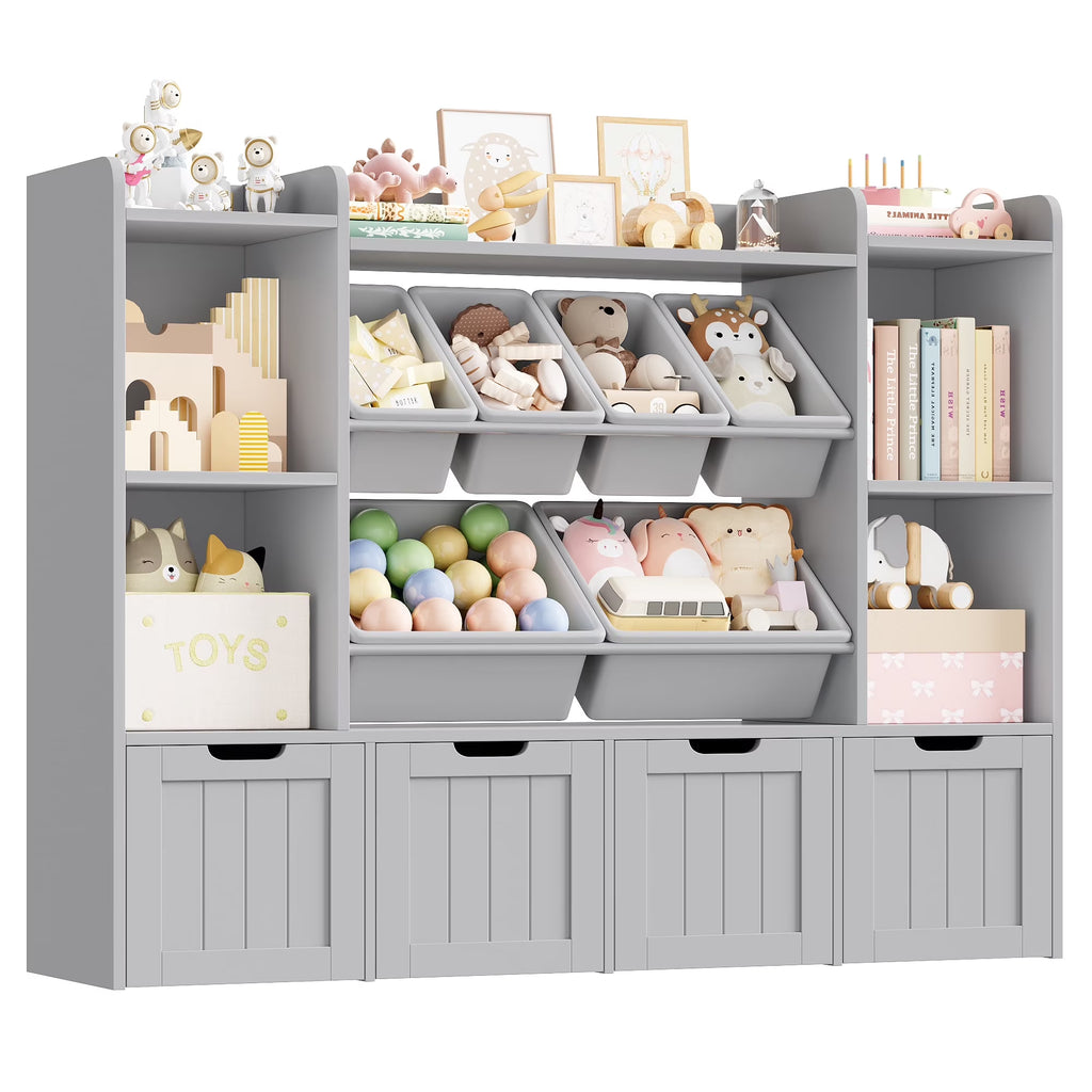 Nouveauté 2026 – Bibliothèque enfant Hiphuta à 3 niveaux avec rangement pour jouets, en bois, composée de 6 boîtes et 4 tiroirs amovibles, blanche