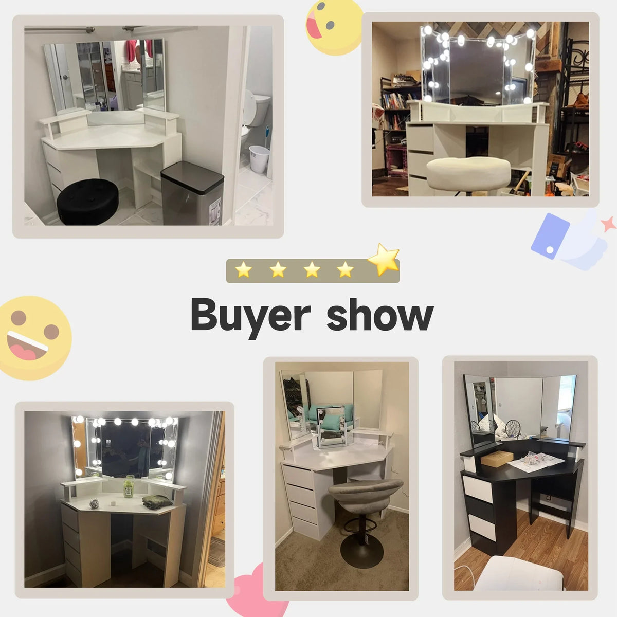 Nouveauté 2026 – Coiffeuse d'angle en placage bois blanc avec miroir et lumière, table de maquillage avec 4 tiroirs et station de recharge pour chambre à coucher