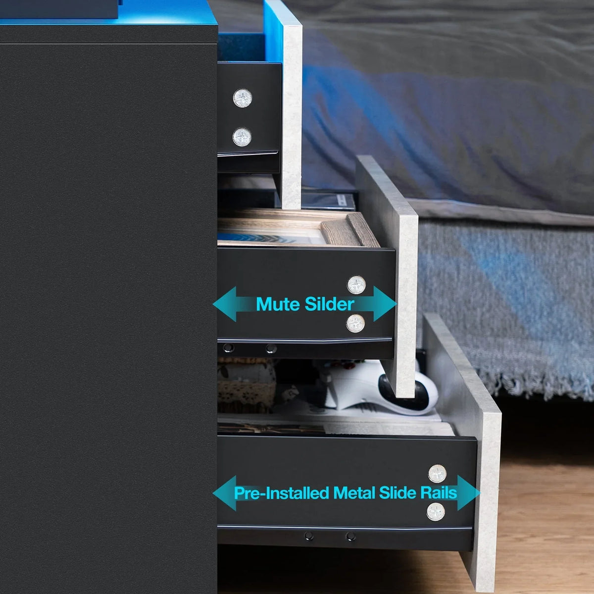 Nouveauté 2026 – Table de chevet LED Hommpa avec station de charge sans fil, ports USB Type-C, 3 tiroirs, finition laquée noire, style moderne et élégant, hauteur 68 cm (26,8 pouces). Idéale pour la chambre à coucher