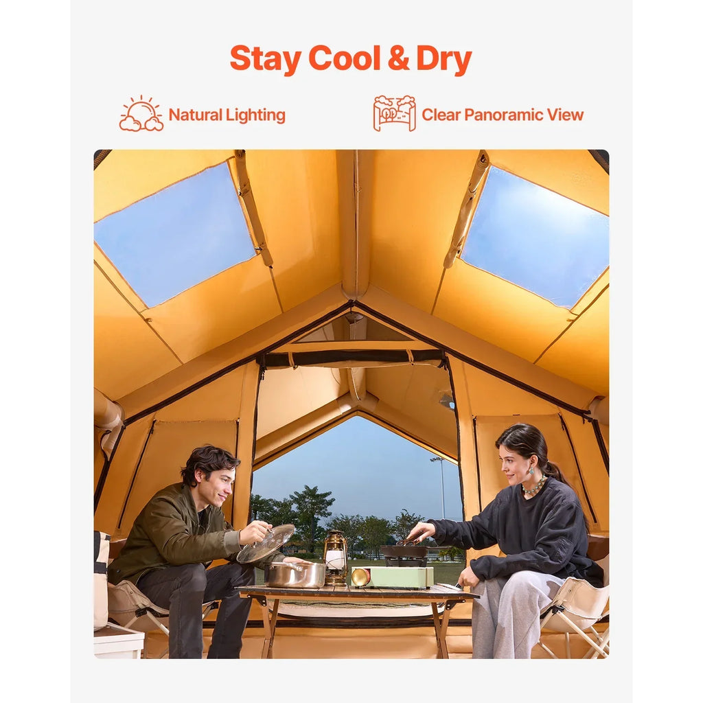 Nouveauté 2026 – Tente gonflable KFFKFF pour 8 à 12 personnes, 4,80 m x 3,60 m x 2,20 m, tente de glamping gonflable avec pompe manuelle, tente gonflable étanche, abri de camping toutes saisons avec double toit ouvrant et sortie pour poêle
