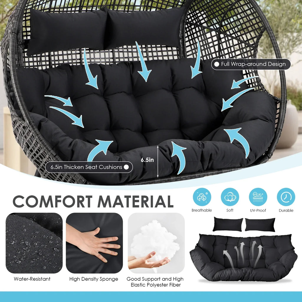 Nouveauté 2026 – Fauteuil double œuf RADIATA pour 2 personnes, canapé deux places surdimensionné en résine tressée avec coussins épais, capacité de 308 kg, fauteuil de jardin/terrasse fixe pour intérieur/extérieur, balcon, jardin, beige