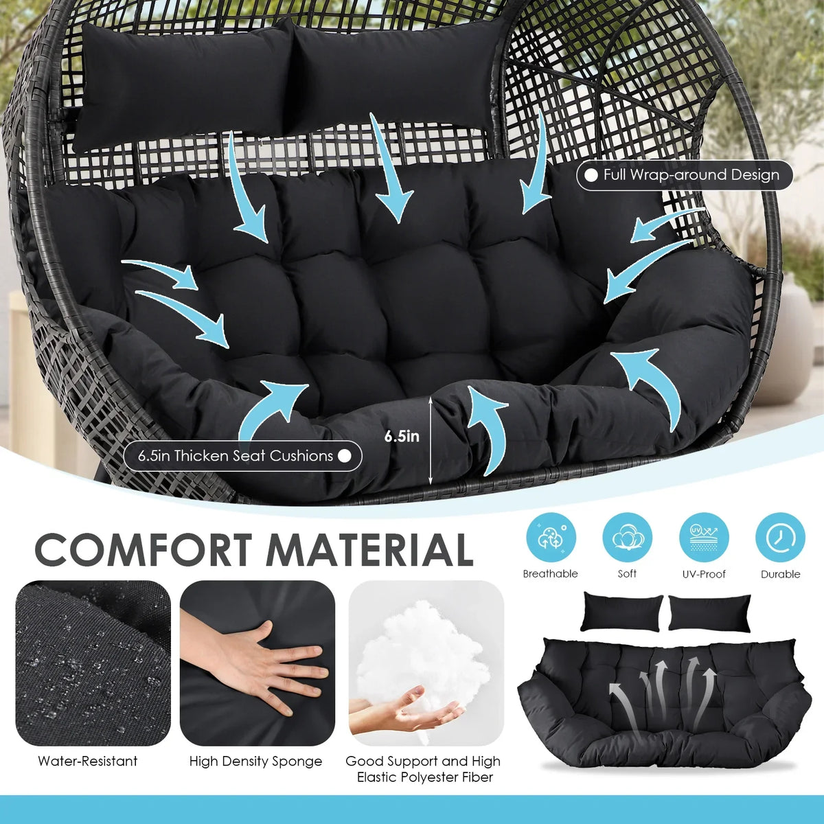 Nouveauté 2026 – Fauteuil double œuf RADIATA pour 2 personnes, canapé deux places surdimensionné en résine tressée avec coussins épais, capacité de 308 kg, fauteuil de jardin/terrasse fixe pour intérieur/extérieur, balcon, jardin, beige