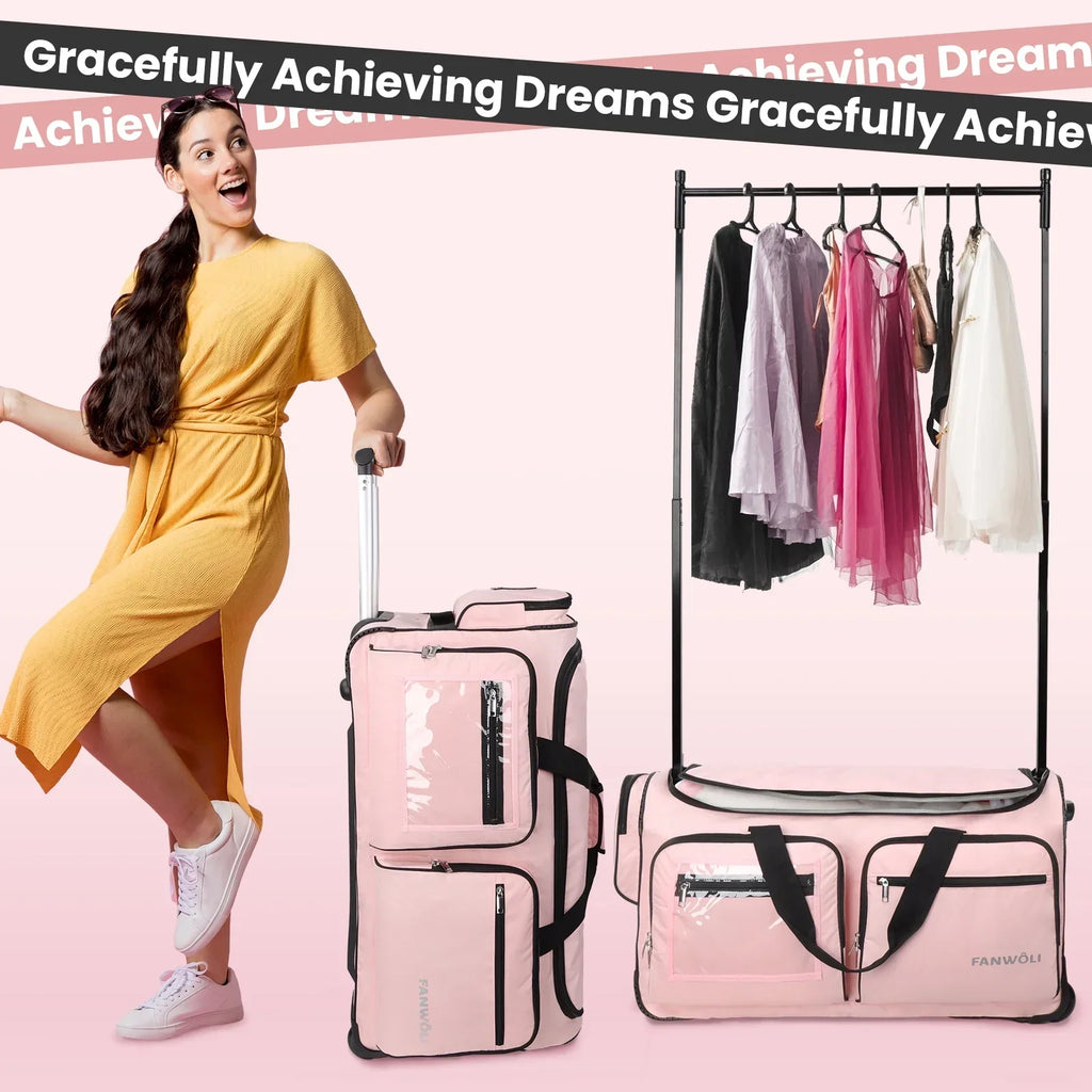 Nouveauté 2026 – Sac de danse Fegat avec portant - Sac de danse pliable à roulettes de 71 cm (28 pouces) pour compétitions, danse, spectacles, streamers et athlètes. Valise légère à roulettes