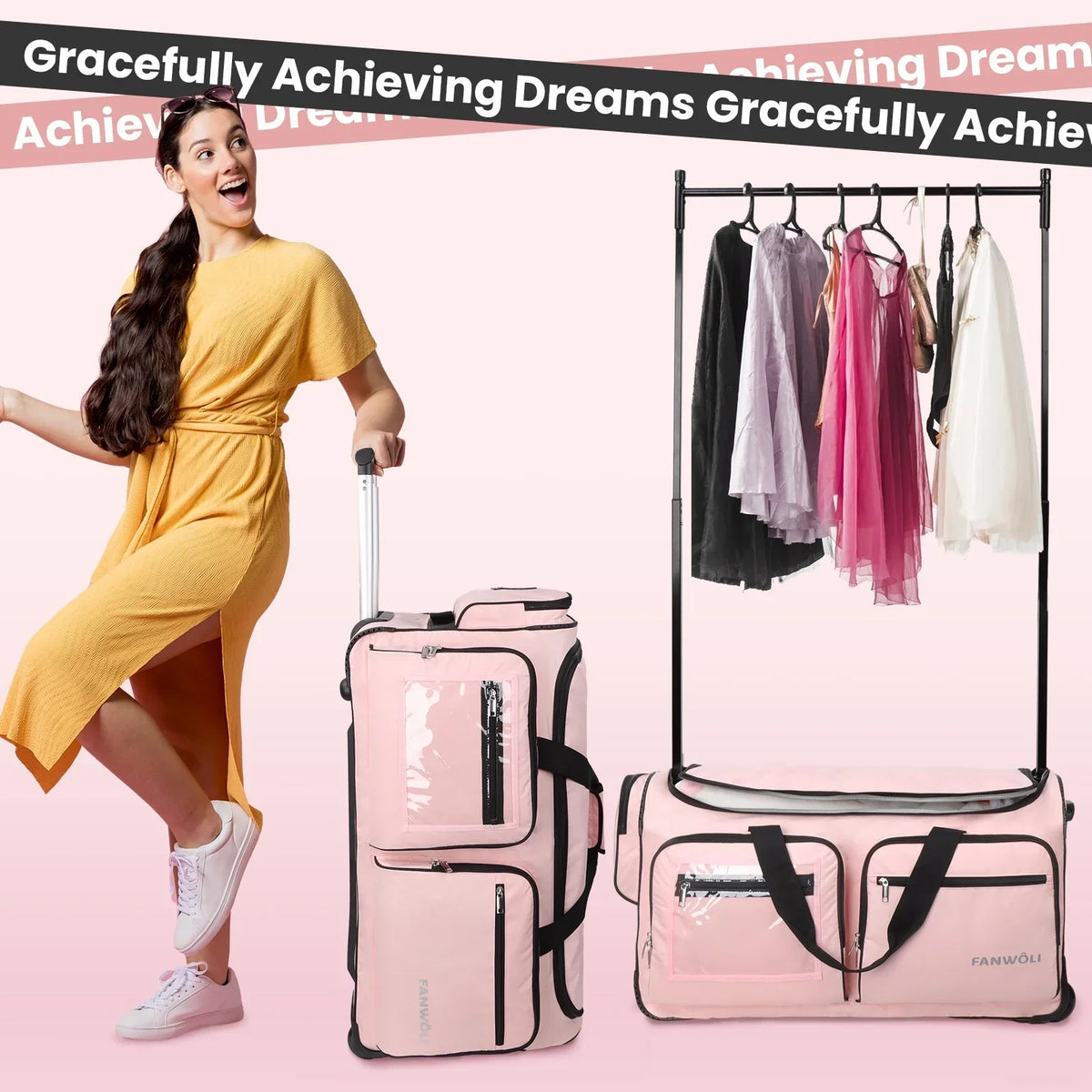 Nouveauté 2026 – Sac de danse Fegat avec portant - Sac de danse pliable à roulettes de 71 cm (28 pouces) pour compétitions, danse, spectacles, streamers et athlètes. Valise légère à roulettes