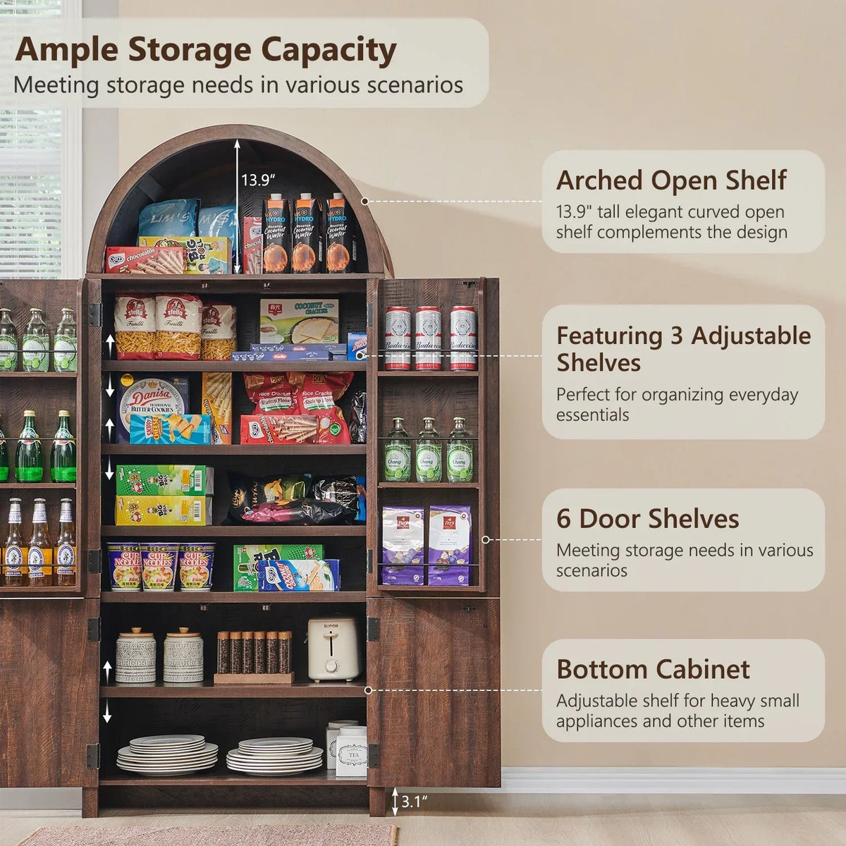 Nouveauté 2026 – Armoire de rangement de cuisine IFGET , 180 cm de haut, style arqué, avec étagères réglables, idéale pour la cuisine et la salle à manger