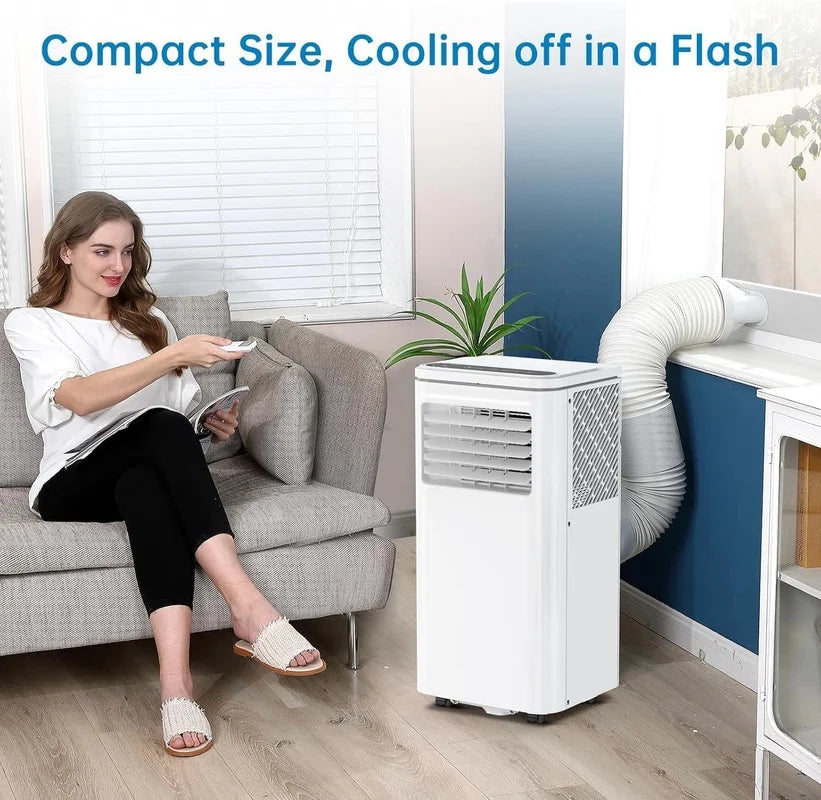 Nouveauté 2026 – Climatiseur portable 10000 BTU, 4 en 1 (refroidissement/déshumidification/ventilation) avec télécommande, commandes tactiles LED, minuterie 24 h et kit de fixation pour fenêtre. Ce climatiseur rafraîchit des pièces jusqu'à 450 pi² (e