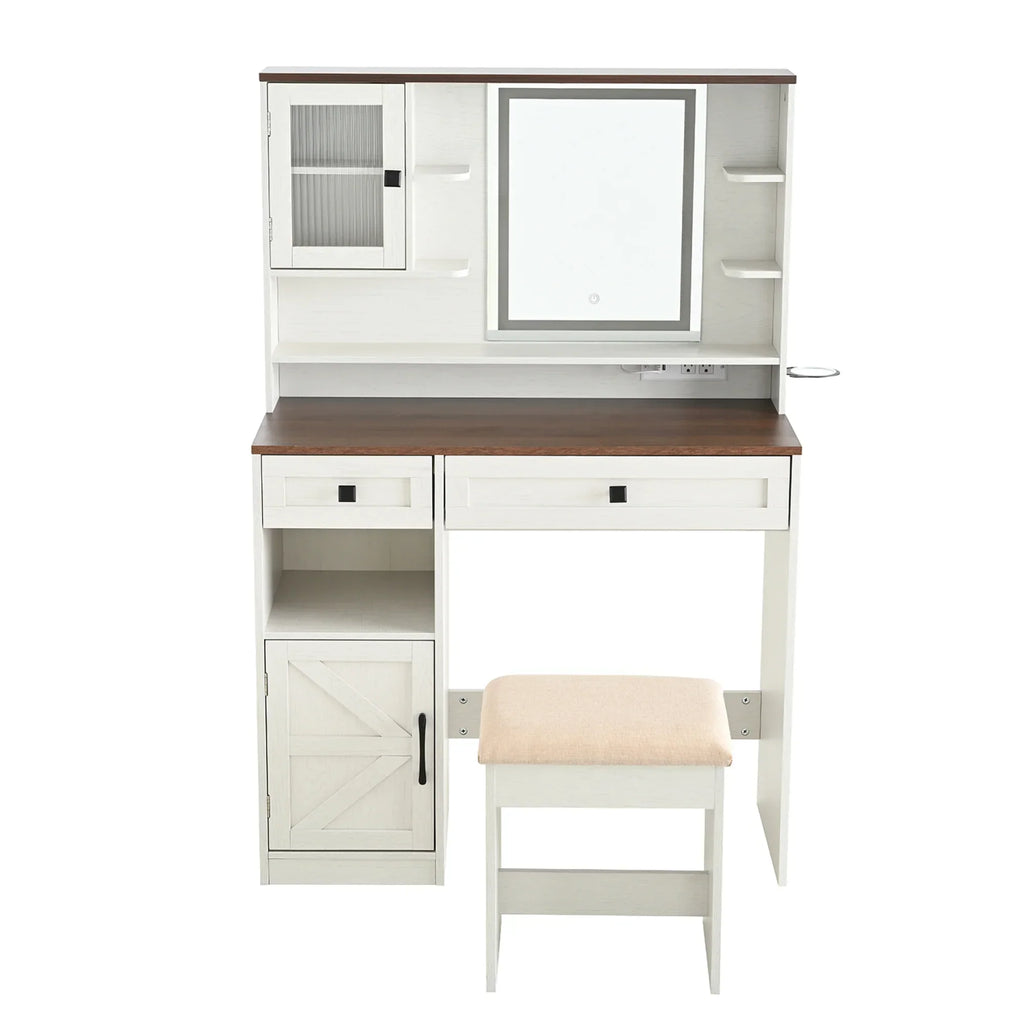 Nouveauté 2026 – Coiffeuse Farmhouse avec miroir et éclairage, ensemble coiffeuse avec station de charge et tabouret, tiroirs, étagères et armoire latérale, blanc