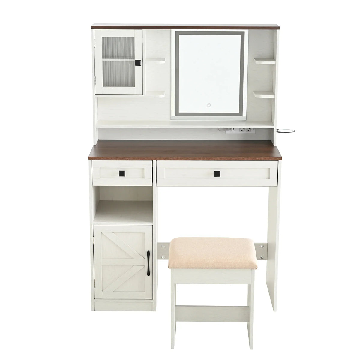 Nouveauté 2026 – Coiffeuse Farmhouse avec miroir et éclairage, ensemble coiffeuse avec station de charge et tabouret, tiroirs, étagères et armoire latérale, blanc