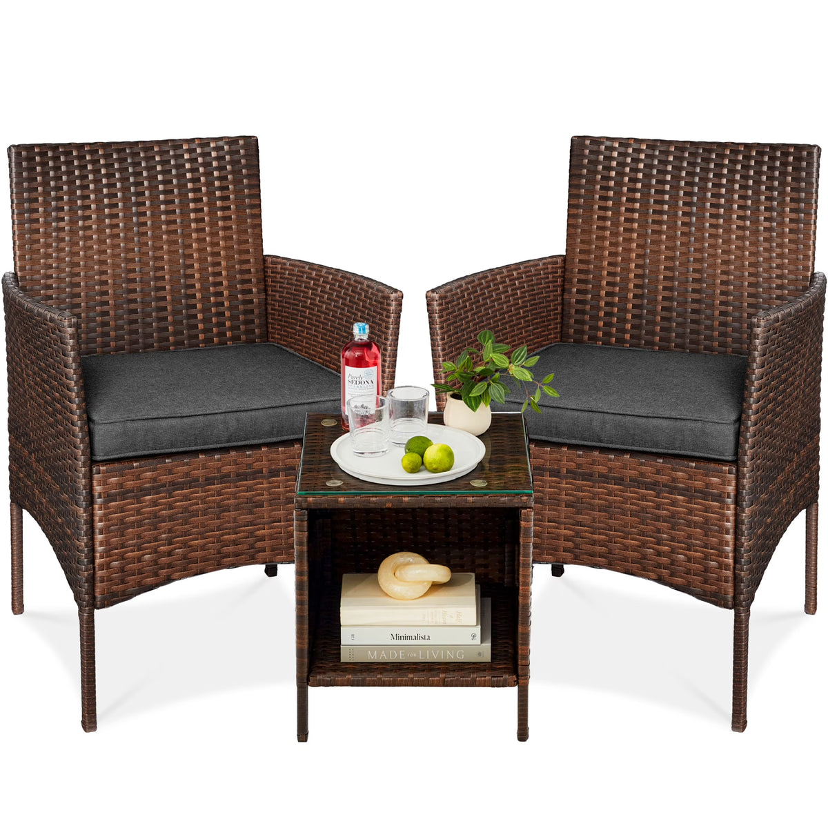 Nouveauté 2026 – Ensemble bistro de jardin 3 pièces en résine tressée Best Choice Products , avec 2 chaises et une table - Gris/Bleu marine