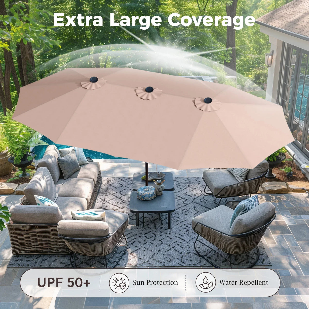 Nouveauté 2026 – Parasol de jardin extra-large Alpha Joy 4,57 m (15 pi) à double face avec manivelle et base - Gris fumé