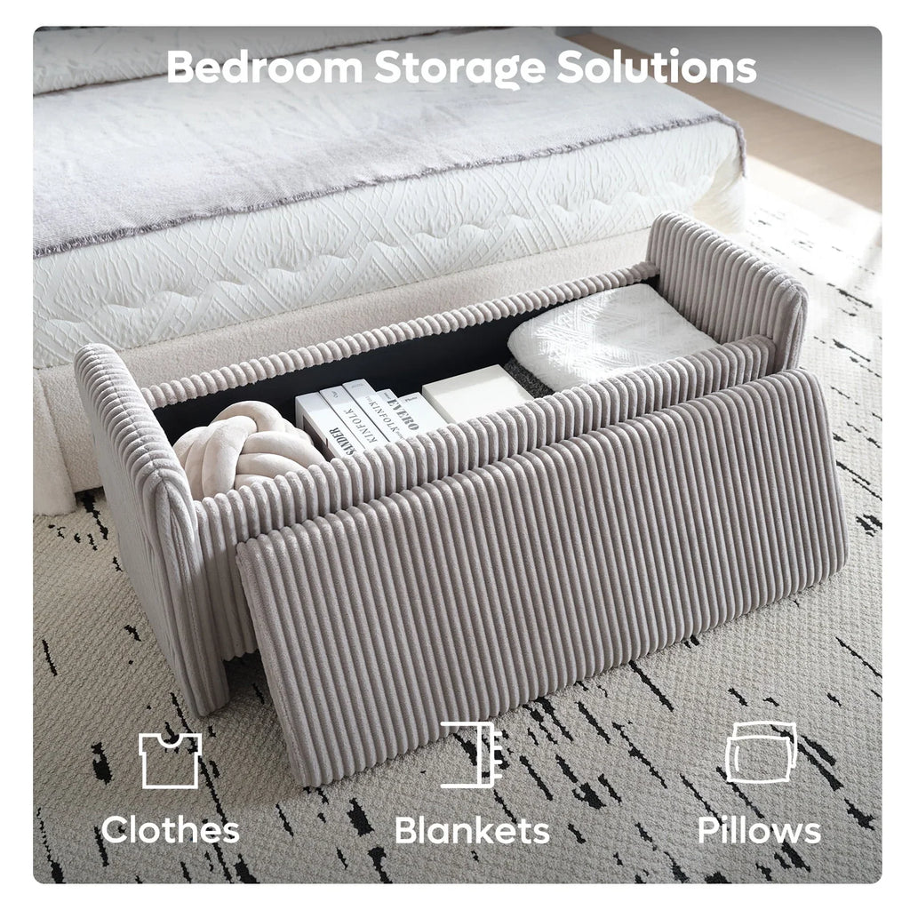 Nouveauté 2026 – Banc coffre Pinmoco de 112 cm (44 po), banc d'entrée rembourré avec rangement, idéal pour la chambre et le salon, en velours côtelé gris