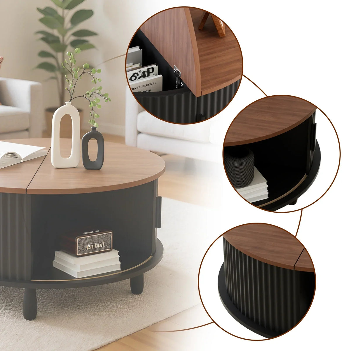 Nouveauté 2026 – Table basse ronde RUMLIVE avec rangement, table basse moderne de 78 cm avec porte coulissante incurvée à 360°, table basse en bois cannelé avec patins, table centrale ronde pour salon, noire