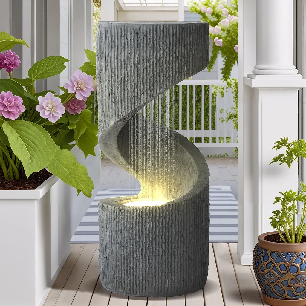Nouveauté 2026 – Fontaine d'extérieur en forme de S Magic Union , fontaine d'intérieur à cascade en spirale avec lumières LED et pompe, fontaine incurvée en résine pour patio, cour, terrasse, porche et décoration intérieure