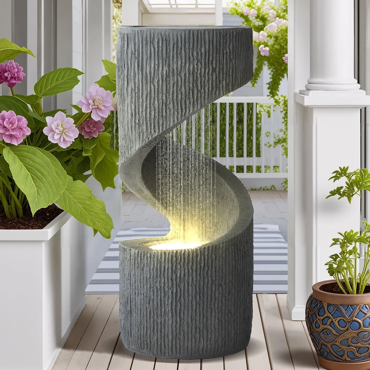 Nouveauté 2026 – Fontaine d'extérieur en forme de S Magic Union , fontaine d'intérieur à cascade en spirale avec lumières LED et pompe, fontaine incurvée en résine pour patio, cour, terrasse, porche et décoration intérieure