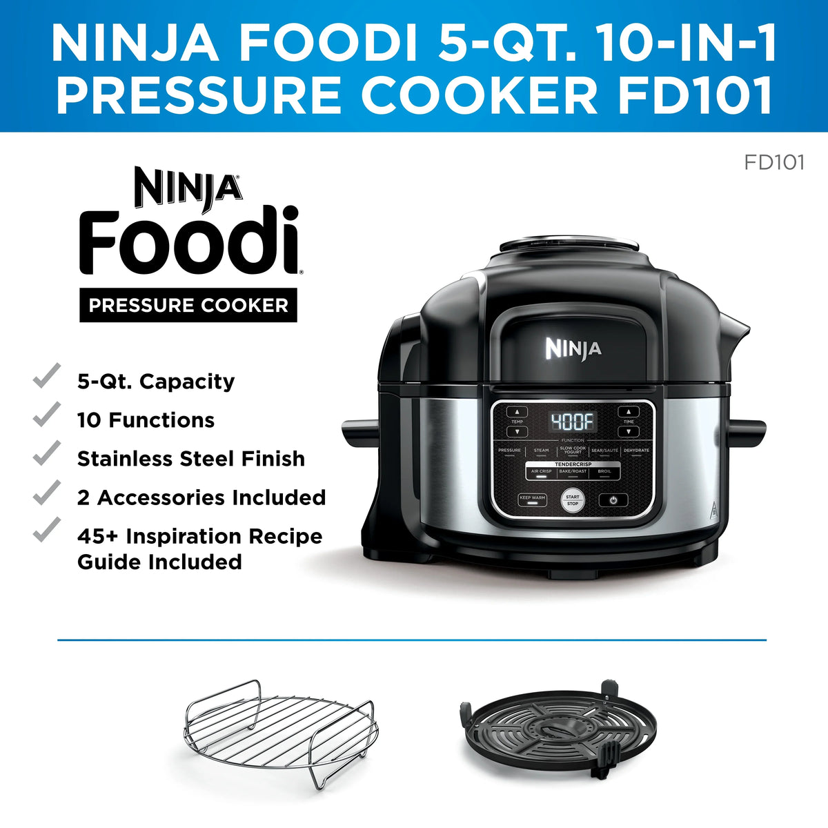 Nouveauté 2026 – Autocuiseur Ninja Foodi 10-en-1 5 L , cuiseur vapeur, four, gril, déshydrateur, friteuse à air chaud, revêtement antiadhésif, FD101, acier inoxydable