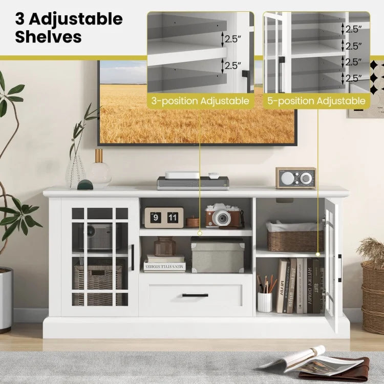 Nouveauté 2026 – Meuble TV pour téléviseurs jusqu'à 70 pouces avec portes vitrées, compartiments et tiroir