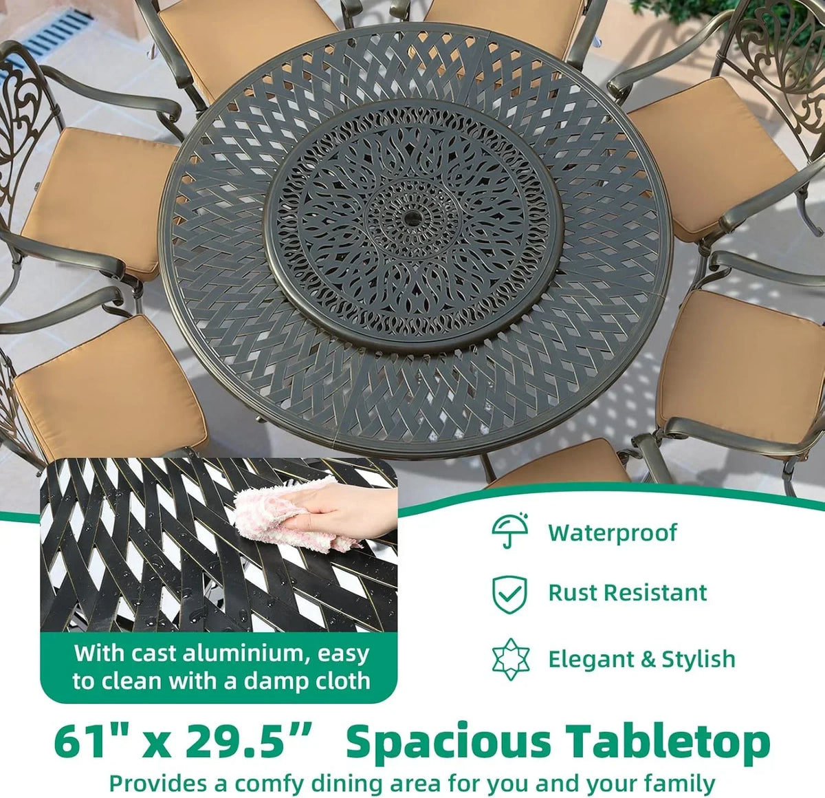 Nouveauté 2026 – Table de salle à manger d'extérieur VIVIJASON , 155 cm (61 po), pour 6 à 8 personnes, grande table ronde avec plateau tournant de 61 cm (24 po), en aluminium moulé bronze foncé au style rustique, avec trou pour parasol, idéale pour b
