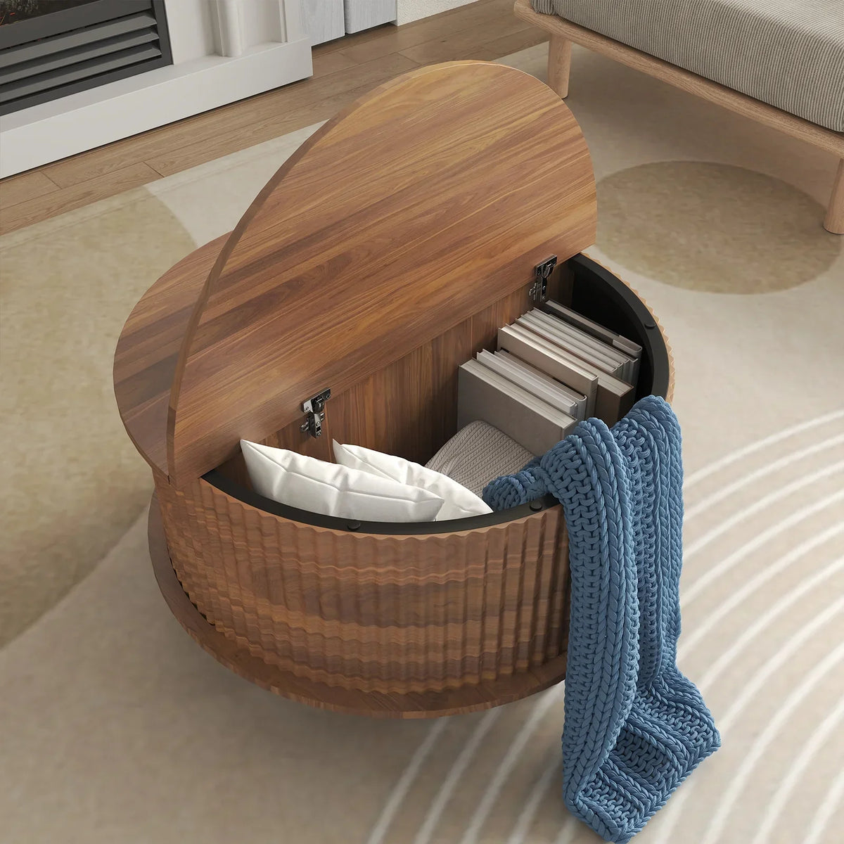 Nouveauté 2026 – Table basse ronde RUMLIVE avec rangement, table basse moderne de 78 cm avec porte coulissante incurvée à 360°, table basse en bois cannelé avec patins, table centrale ronde pour salon, noire