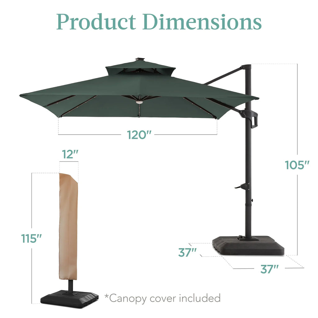 Nouveauté 2026 – Parasol de terrasse carré déporté à deux niveaux, 3 x 3 m, à éclairage solaire LED, avec base incluse (Best Choice Products, ) - Beige