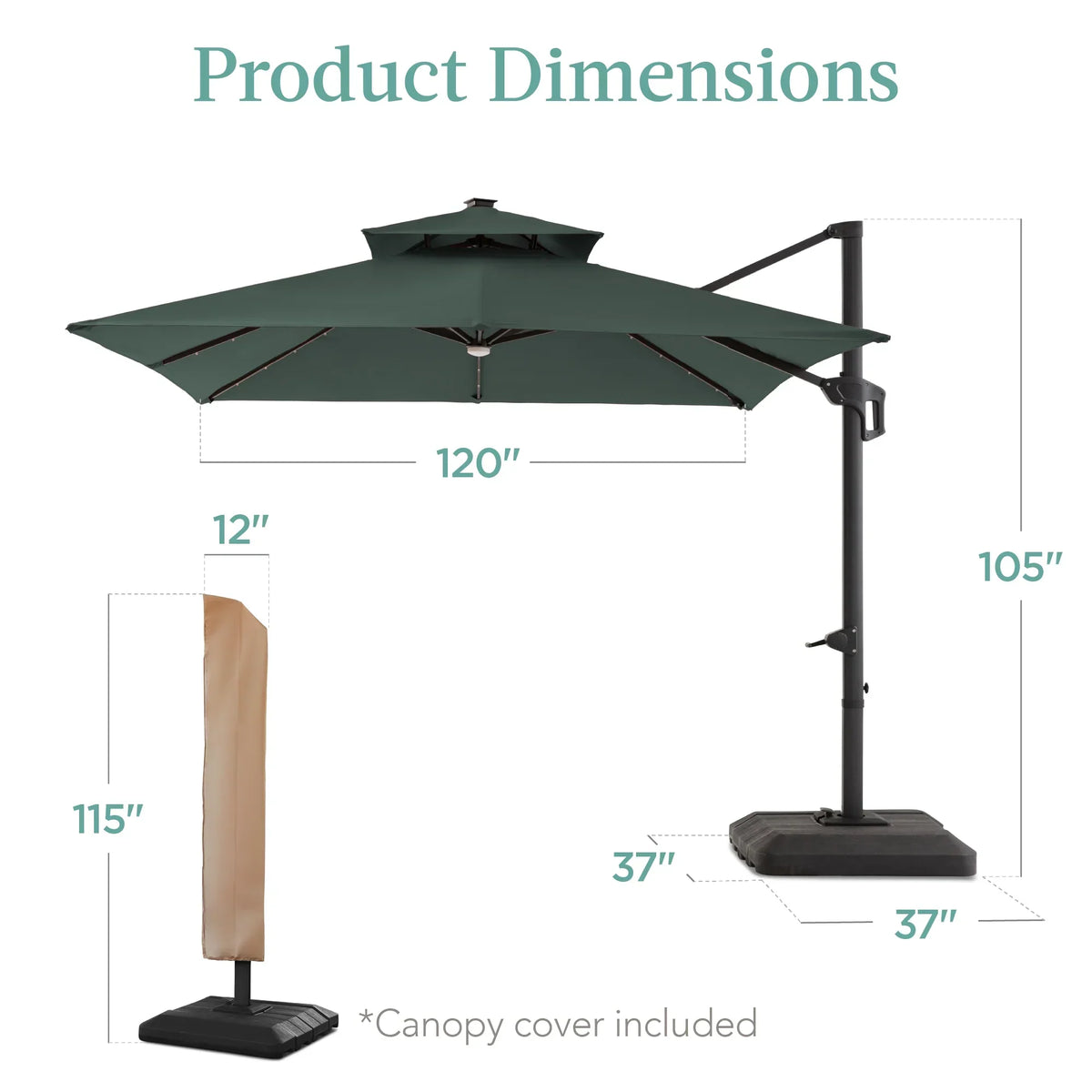 Nouveauté 2026 – Parasol de terrasse carré déporté à deux niveaux, 3 x 3 m, à éclairage solaire LED, avec base incluse (Best Choice Products, ) - Beige