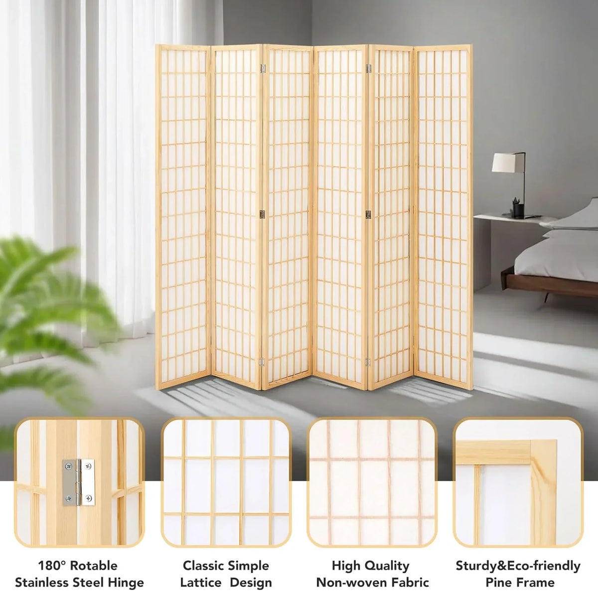 Nouveauté 2026 – Paravent Shoji JOSTYLE , 6 panneaux pliables, pour séparer les pièces en toute intimité, style japonais, en bois, 1,80 m (5,9 pi), couleur naturelle