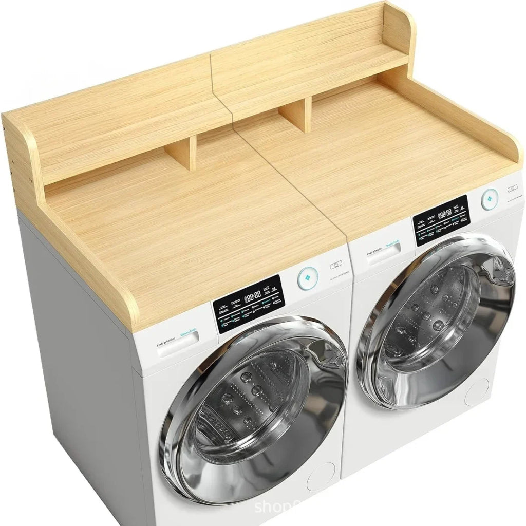 Nouveauté 2026 – Plan de travail Wood à 2 niveaux avec rebords, 137 cm L x 70 cm P, pour laveuse et sécheuse, idéal pour l'organisation et le rangement de la buanderie, couleur noyer