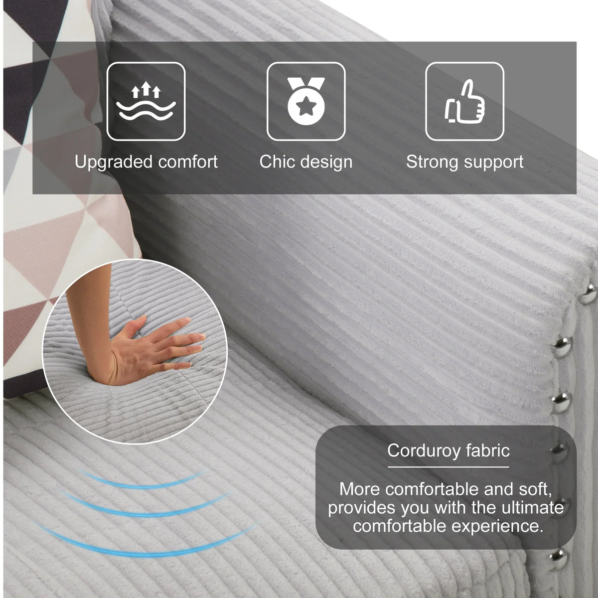 Nouveauté 2026 – Canapé d'angle modulaire AENKYO , 241 cm (95 po), en velours côtelé, avec pouf et porte-gobelets – Idéal pour les appartements et les salons – Gris clair