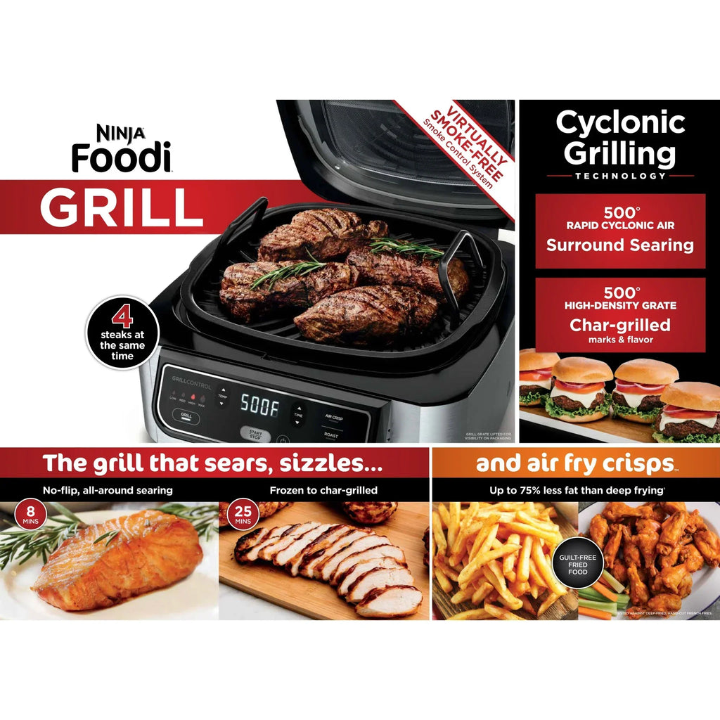 Nouveauté 2026 – Gril d'intérieur 4 en 1 Ninja Foodi avec friteuse à air de 4 pintes, rôtissage, cuisson au four et technologie de grillage cyclonique, noir/inox