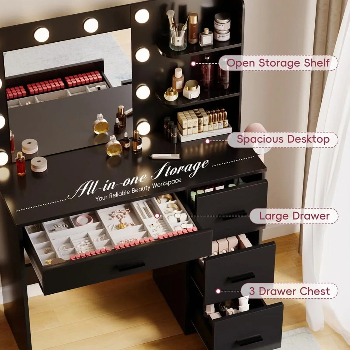 Nouveauté 2026 – Coiffeuse Lacoo avec miroir et éclairage LED, meuble de maquillage avec 7 tiroirs et 4 étagères, table de toilette avec prise électrique pour chambre ou dressing, blanche