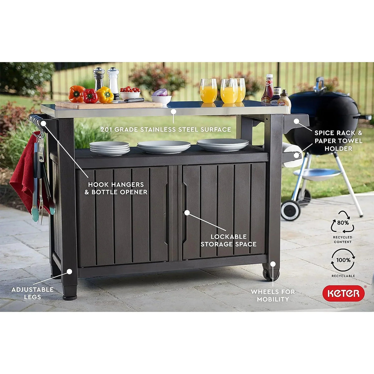 Nouveauté 2026 – Chariot de bar de cuisine extérieure Keter Unity XL avec armoire de rangement, marron