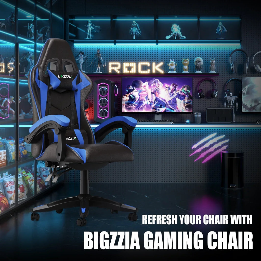 Nouveauté 2026 – Chaise de jeu Bigzzia , chaise de bureau ergonomique avec appui-tête et soutien lombaire réglables en hauteur, pour adultes et adolescents, noir et blanc