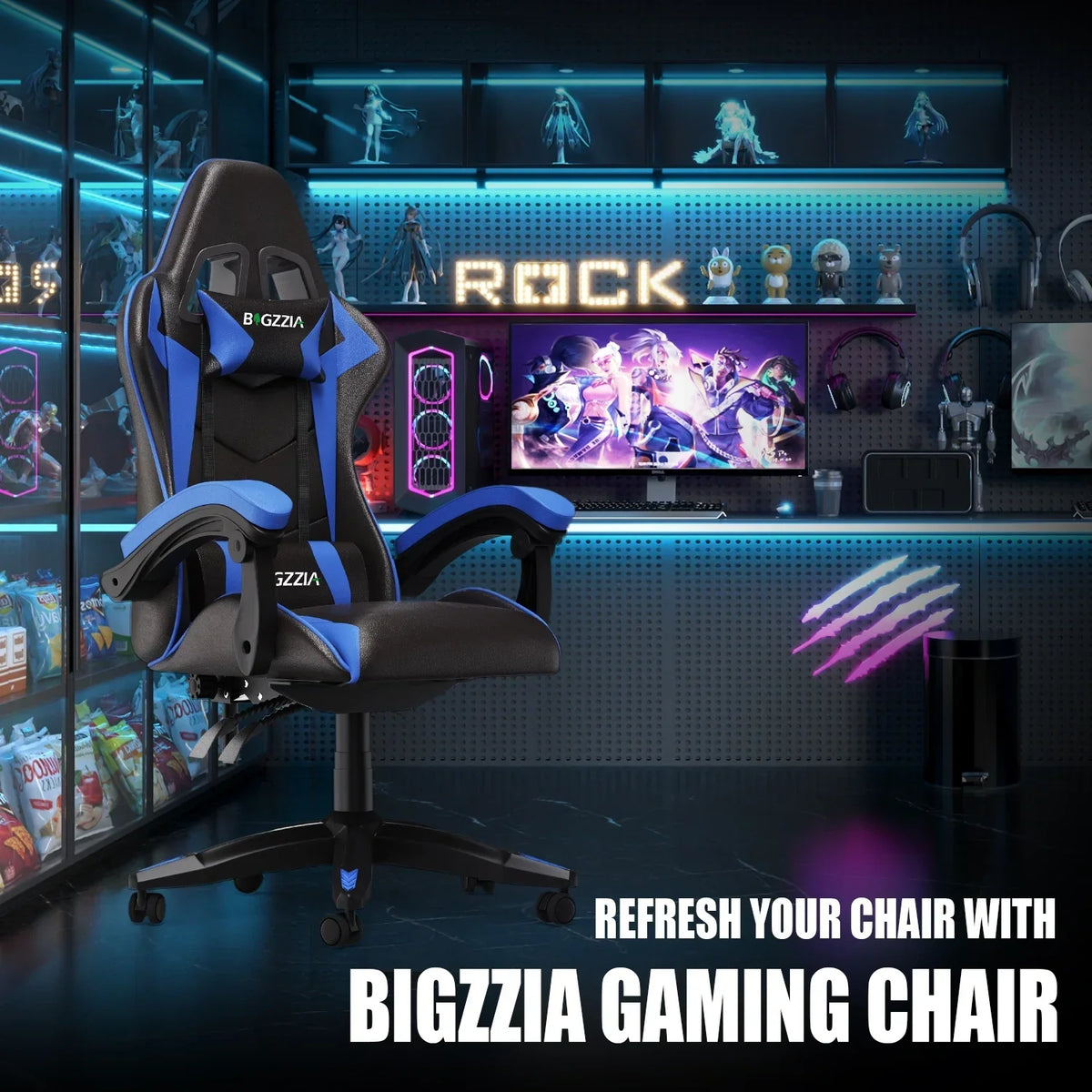 Nouveauté 2026 – Chaise de jeu Bigzzia , chaise de bureau ergonomique avec appui-tête et soutien lombaire réglables en hauteur, pour adultes et adolescents, noir et blanc