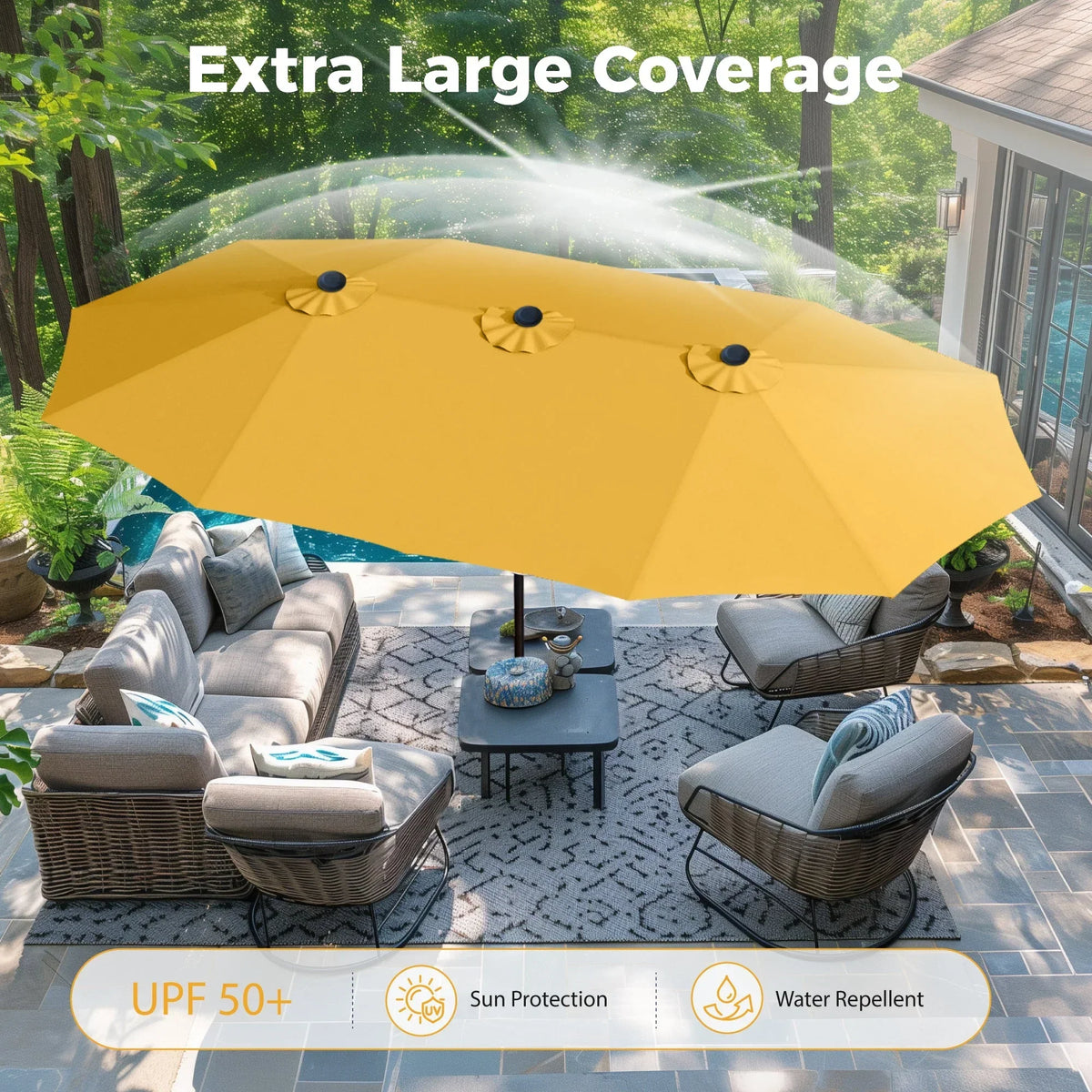 Nouveauté 2026 – Parasol de jardin extra-large Alpha Joy 4,57 m (15 pi) à double face avec manivelle et base - Gris fumé