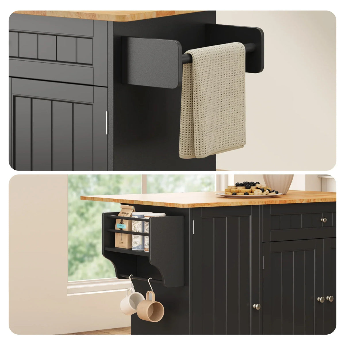 Nouveauté 2026 – Îlot de cuisine Noelse avec rangements, table d'appoint rabattable, porte-épices et porte-serviettes pour petites cuisines, blanc