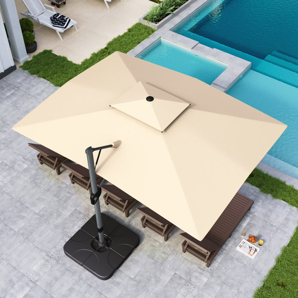 Nouveauté 2026 – Parasol d'extérieur Alpha Joy 12x9pi (3,66 x 2,74 m), grand modèle rectangulaire déporté à double structure, rotation à 360°, beige