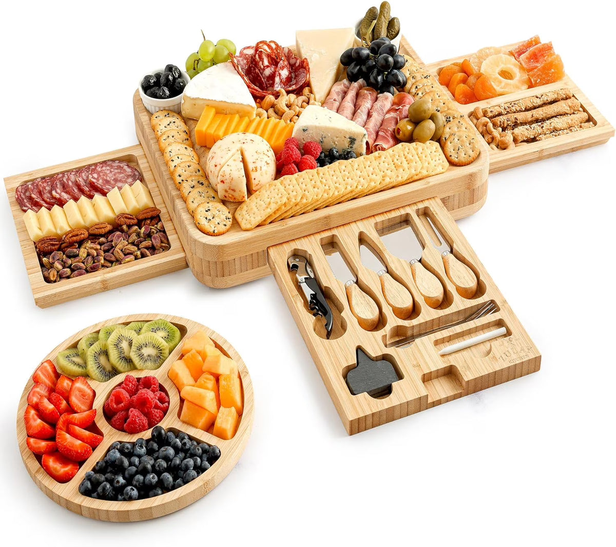 Nouveauté 2026 – Ensemble de planches à fromage et à charcuterie extra épaisses en bambou Zulay Kitchen - Coffret de luxe 15 pièces