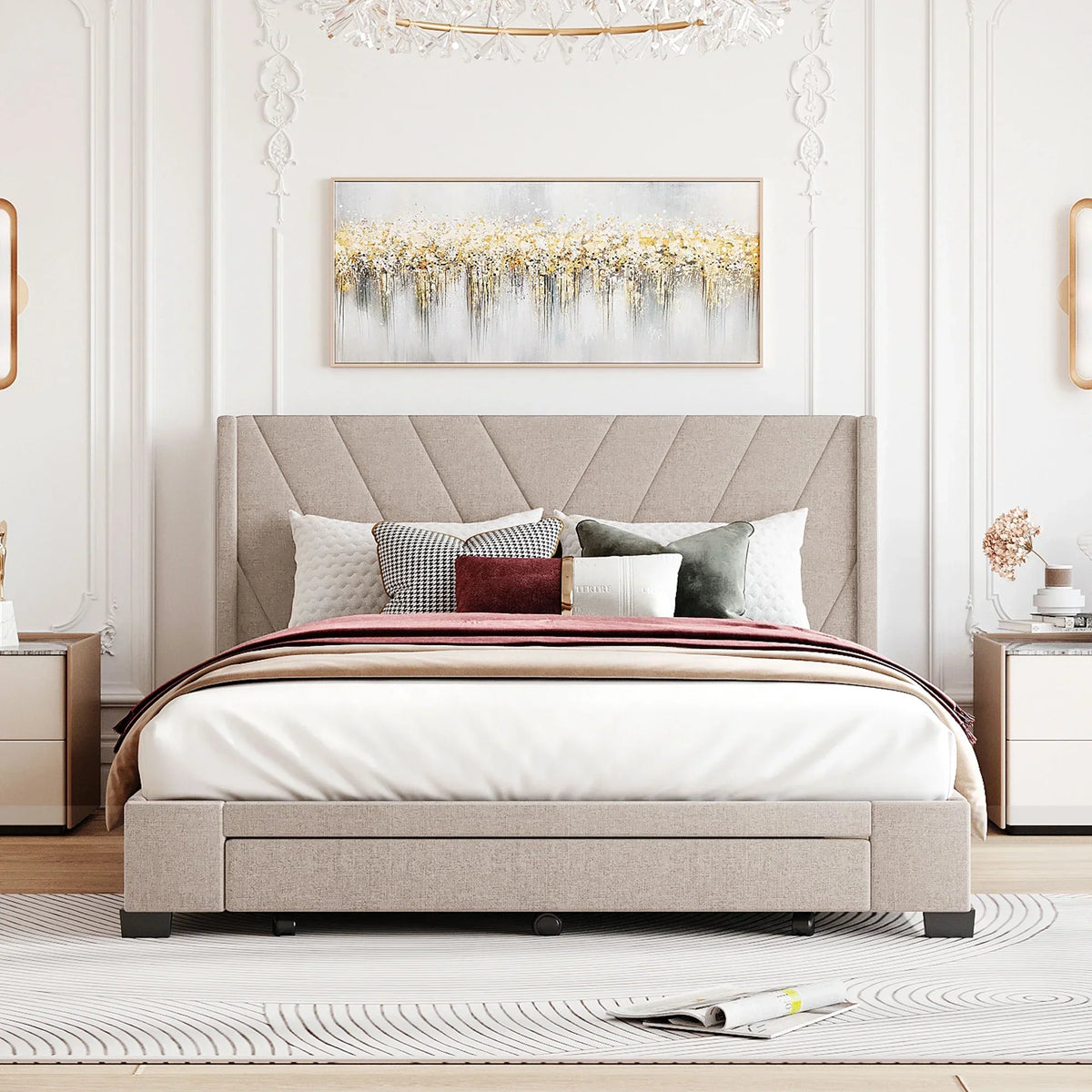 Nouveauté 2026 – Cadre de lit Queen Sesslife avec rangement, nouveau lit plateforme rembourré en lin amélioré avec 3 tiroirs, lit de rangement Queen avec tête de lit et lattes en bois, aucun sommier requis, supporte 227 kg, beige