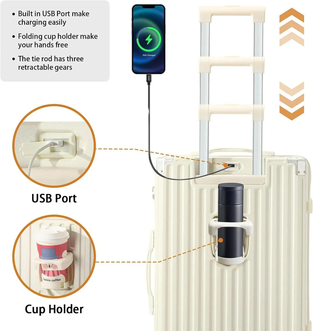 Nouveauté 2026 – Valise cabine 20 de 51 cm (20 pouces) avec porte-gobelet et port USB, approuvée par les compagnies aériennes et verrouillable TSA, légère, en polycarbonate, avec roulettes pivotantes à 360°