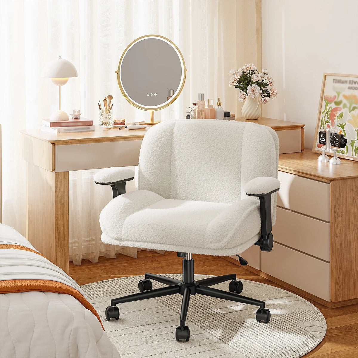 Nouveauté 2026 – Chaise de bureau Romorgniz Criss Cross avec accoudoirs réglables, soutien lombaire, dossier inclinable, coussin épais et roulettes. Idéale pour le bureau, les jeux vidéo, la lecture ou la coiffeuse. Couleur : blanc cassé