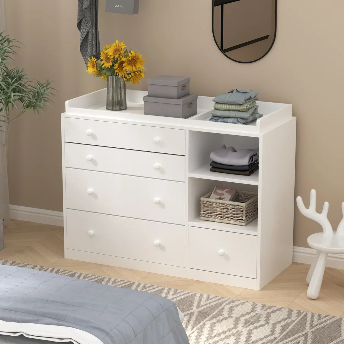 Nouveauté 2026 – Table à langer/commode pour chambre de bébé OXYLIFE , 114 cm (45 po), avec 4 tiroirs et une étagère, blanche