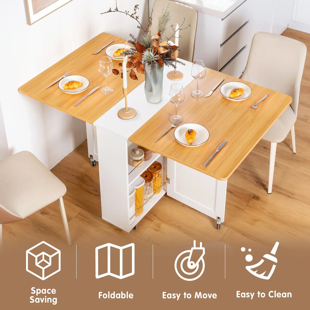 Nouveauté 2026 – Table de salle à manger pliante spanspace , table à abattants avec 6 roulettes et étagère de rangement à 2 niveaux, table gain de place pour petits espaces, table de cuisine pliante, blanche