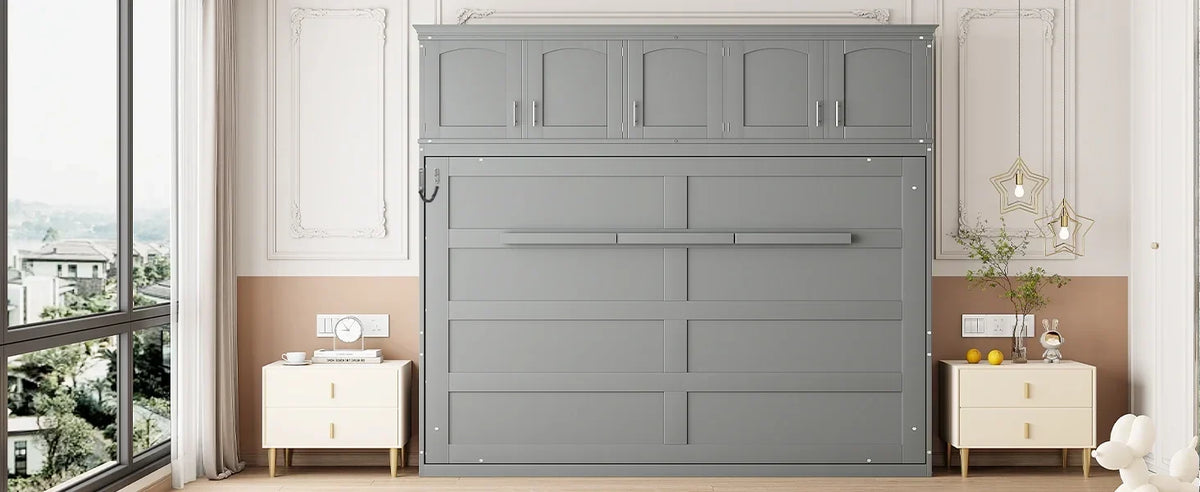Nouveauté 2026 – Lit escamotable mural Queen Size avec rangements supérieurs, gris