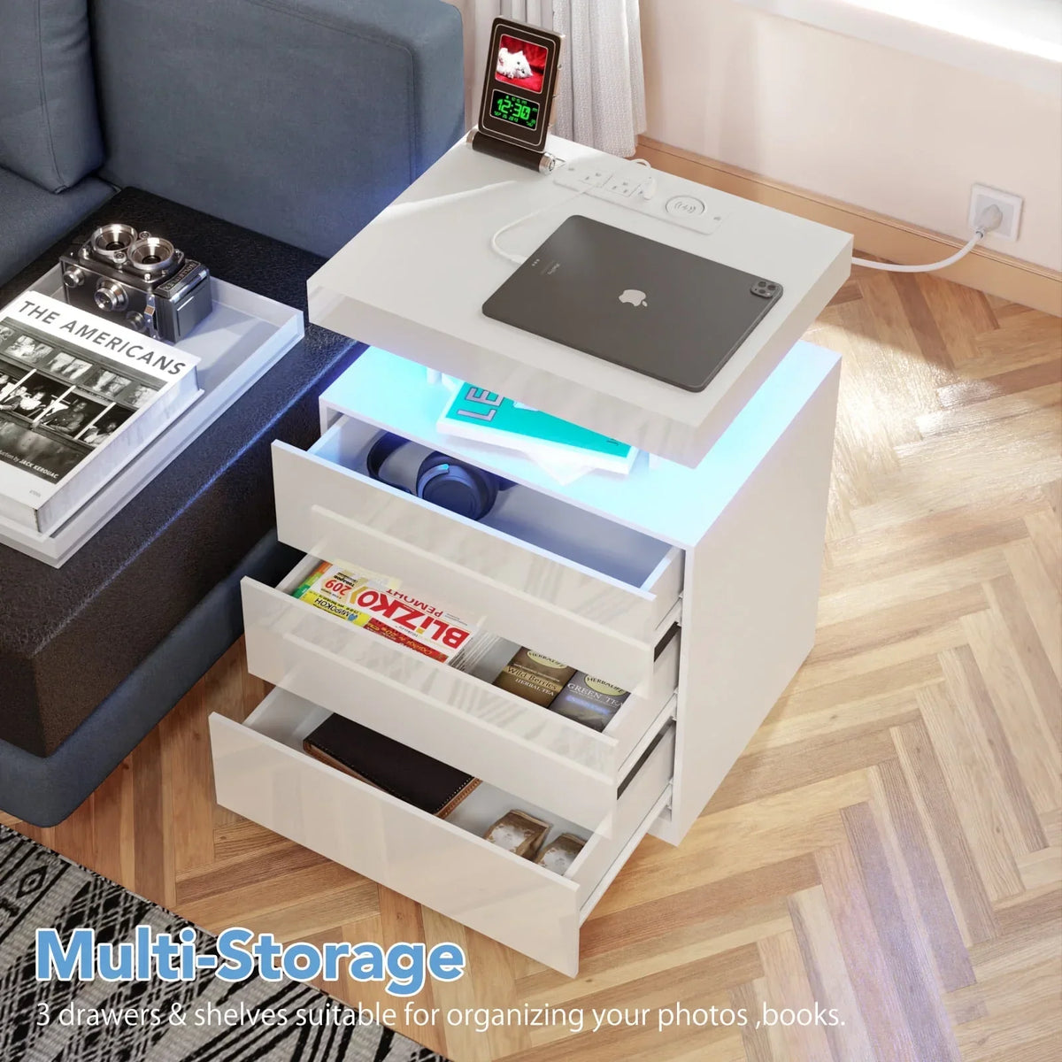 Nouveauté 2026 – Table de chevet LED Hommpa avec station de charge sans fil, ports USB Type-C, 3 tiroirs, finition laquée noire, style moderne et élégant, hauteur 68 cm (26,8 pouces). Idéale pour la chambre à coucher